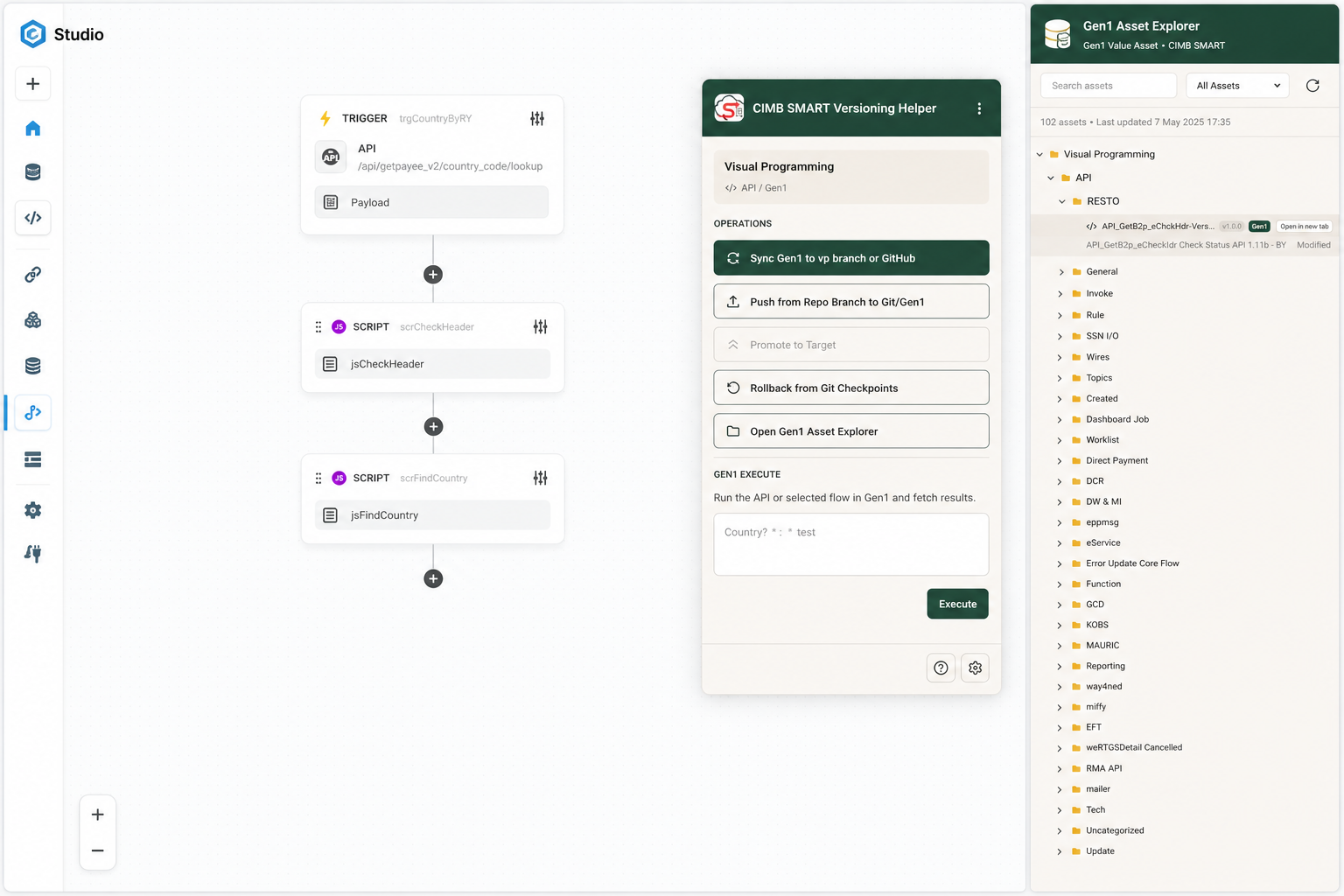 Visual Programming canvas with CIMB SMART Versioning Helper panel and Gen1 Asset Explorer