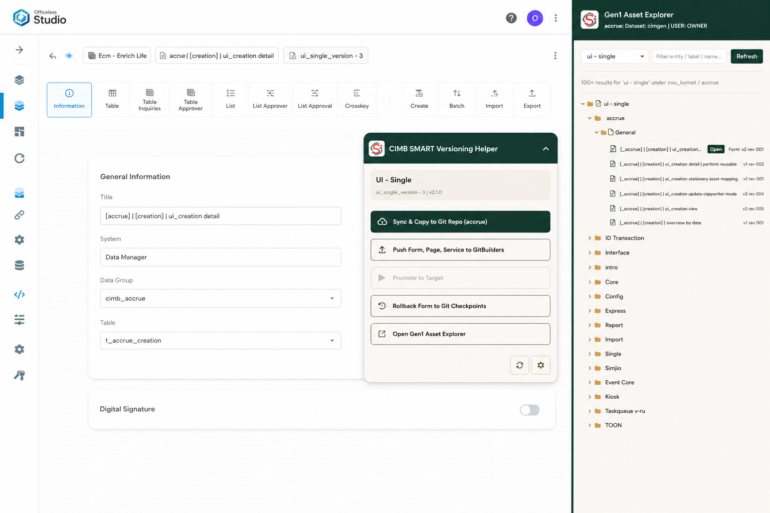 UI — Single editor with Versioning Helper floating panel