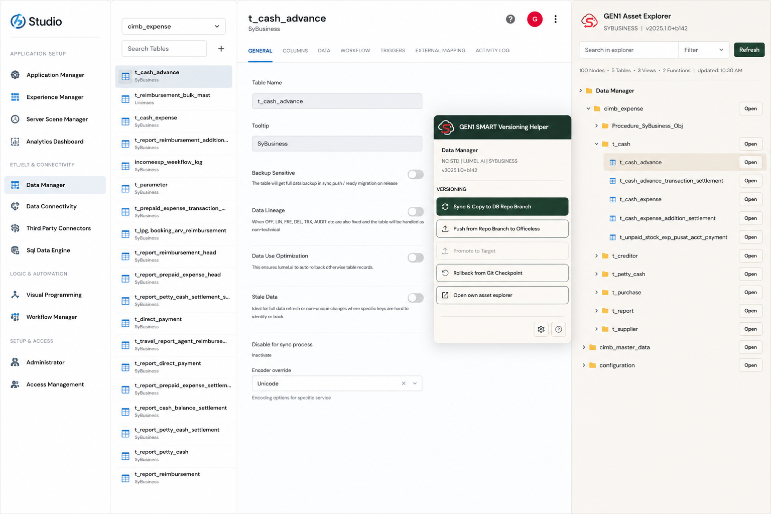 Data Manager asset with Gen1 Asset Explorer showing t_cash tables